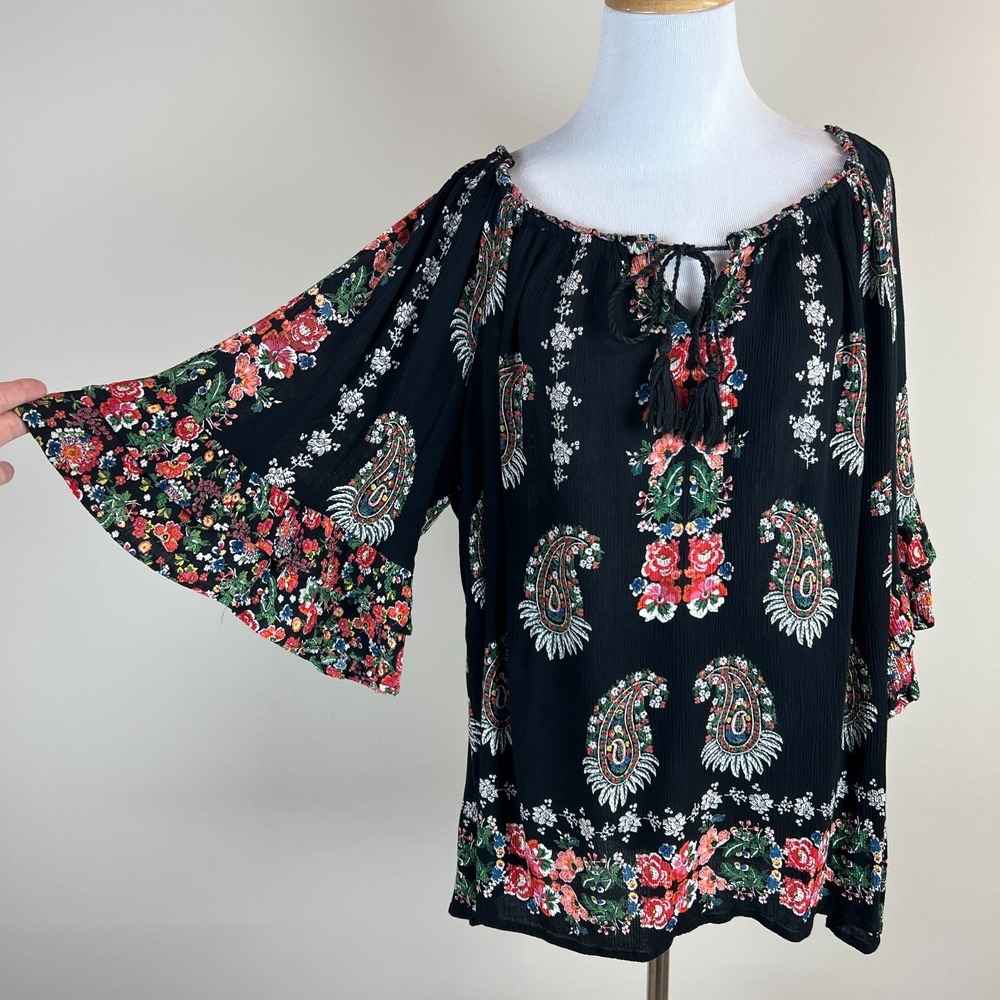Bila Top Womens XL Black Floral Paisley Flare Sleeve Ruffle Boho Festival Hippie